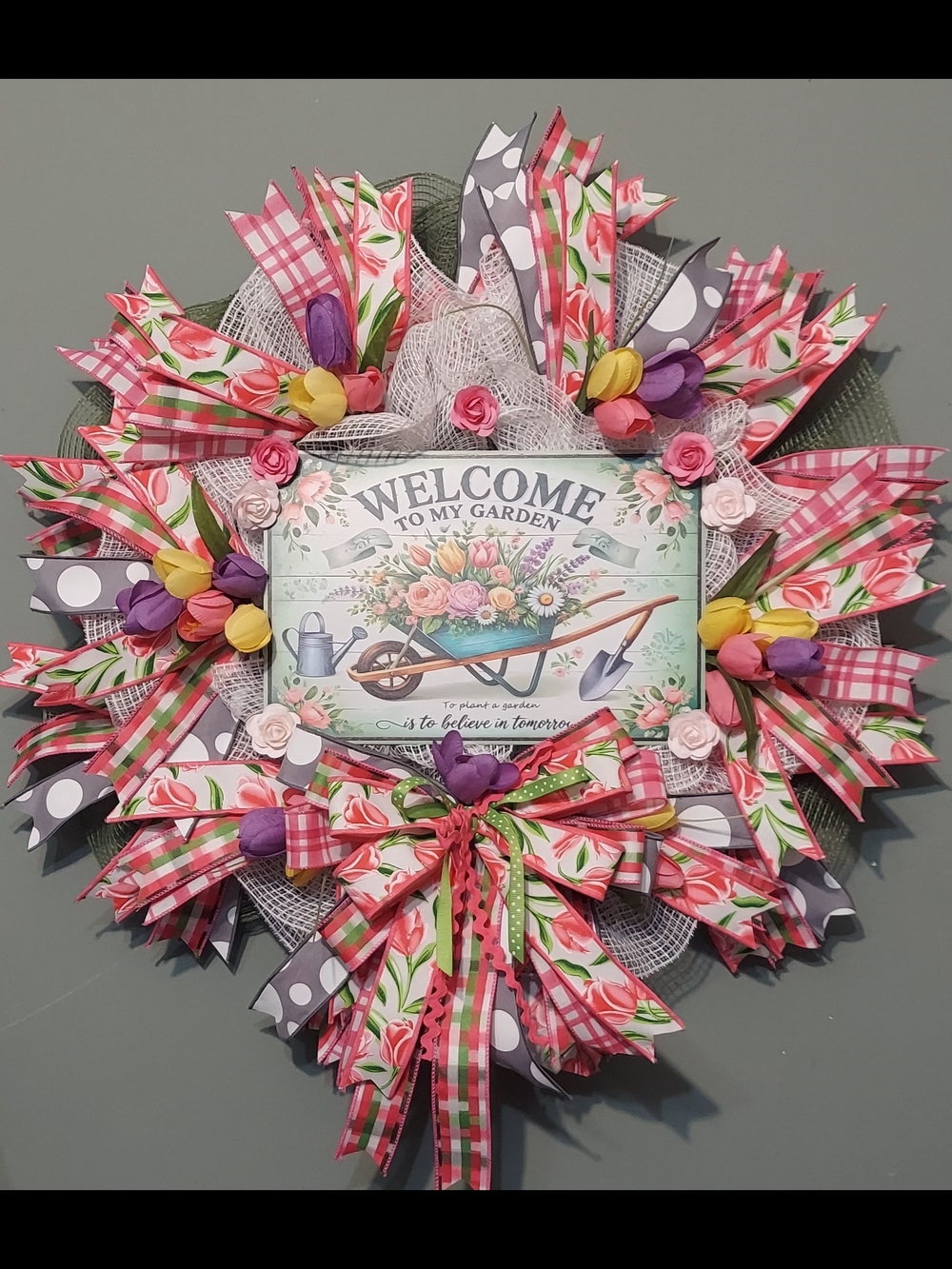 Hand Crafted Pink Floral Welcome Wreath with Purple & Yellow Accents